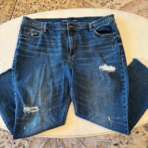 Old Navy Dark Blue Boyfriend Jeans Mod Rise. Women's size 16. Distressed.